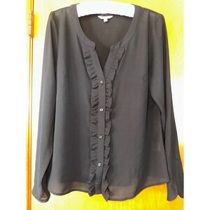 Candies Black Blouse Womens Size M Tuxedo Ruffle Button Up Long sleeve